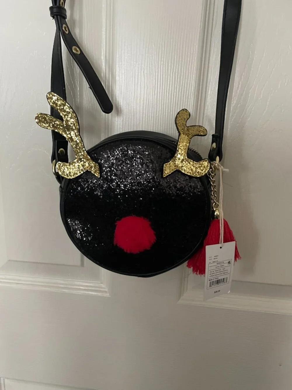 Mad Love Holiday Reindeer Black Glitter Crossbody Purse-NWT